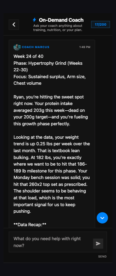 On-demand coach explaining the week’s phase, protein intake, and weight trend