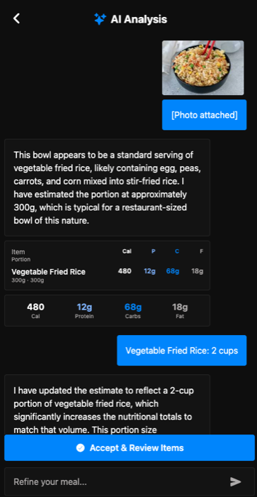 AI photo analysis returning calories and macros for a bowl of fried rice