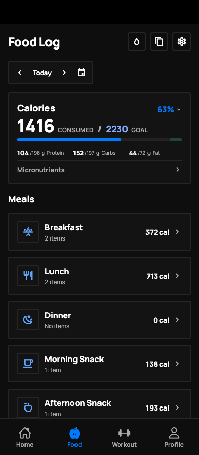 Food log showing the day’s meals with calories and macros